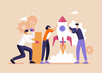 Teamwork and Collaboration Launching a Startup Rocket with Idea Generation for Business Success and Growth in the Market Together