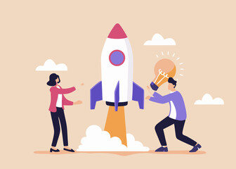 Teamwork Launching a New Business Idea with a Rocket and Lightbulb Concept of Startup and Innovation for Success