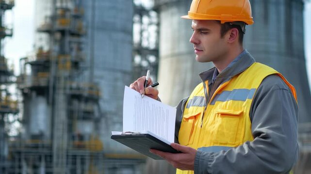 Nuclear plant engineer develops strategies for effective operational management at facility, Nuclear plant engineer strategizing, clear operational background,