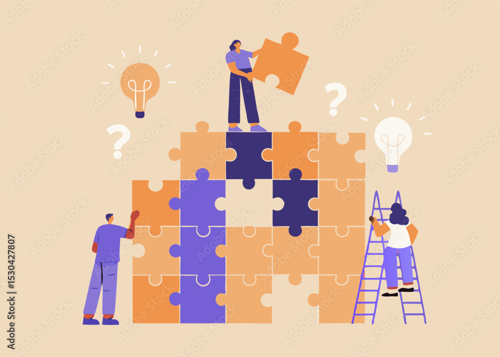Poster teamwork and problem solving concept illustration with people building a puzzle structure together f