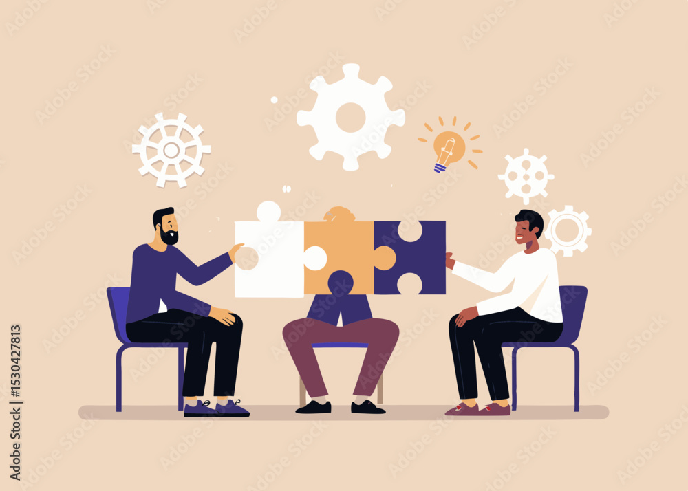 Poster teamwork and collaboration concept with business people connecting jigsaw puzzle pieces to solve a p