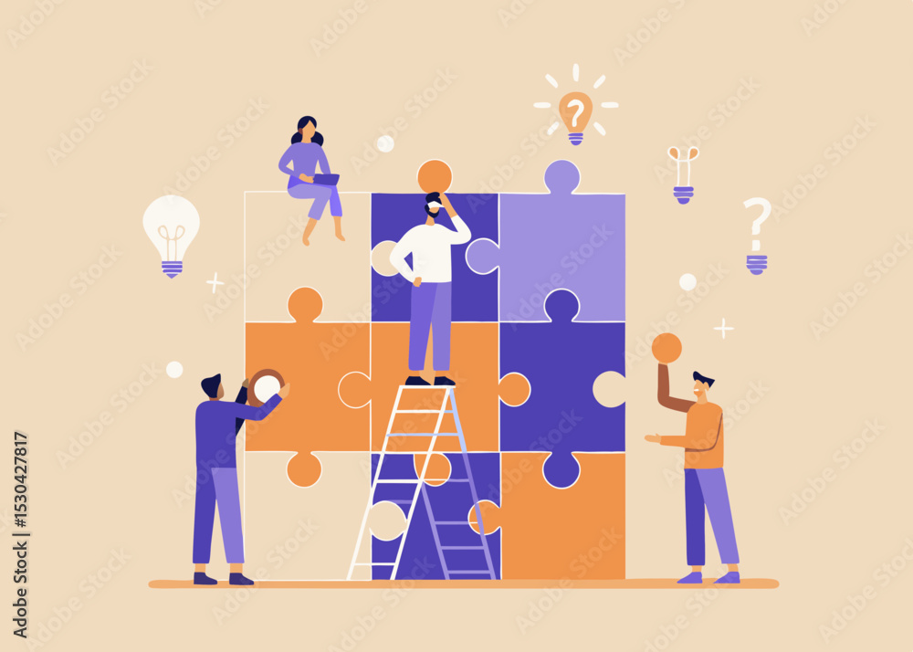 Poster teamwork and collaboration concept with people assembling a puzzle and generating ideas together for