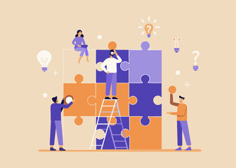 Teamwork and Collaboration Concept with People Assembling a Puzzle and Generating Ideas Together for Business Solutions and Problem Solving Scenarios