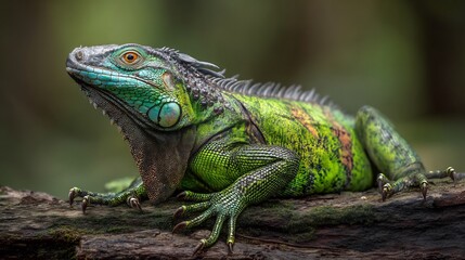 Fototapeta premium Close-up of a vibrant green iguana resting on a weathered log.