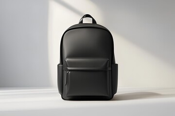 A matte black backpack shown from the front view, placed on a seamless white background, soft diffused lighting highlighting the backpack’s shape and texture.