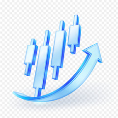 Positive financial market trend, featuring glass blue 3D candlestick charts and a prominent upward-curving arrow, symbolizing bullish market trend, growth and investments. Vector illustration.