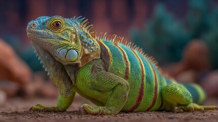 Vibrant iguana resting on the ground.