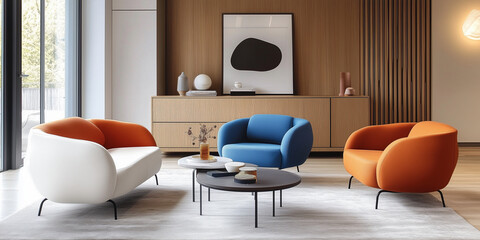 Orangefarbene und blaue Sessel und ein weißes Sofa vor einem Holzschrank. Skandinavisches Innendesign eines modernen Wohnzimmers.