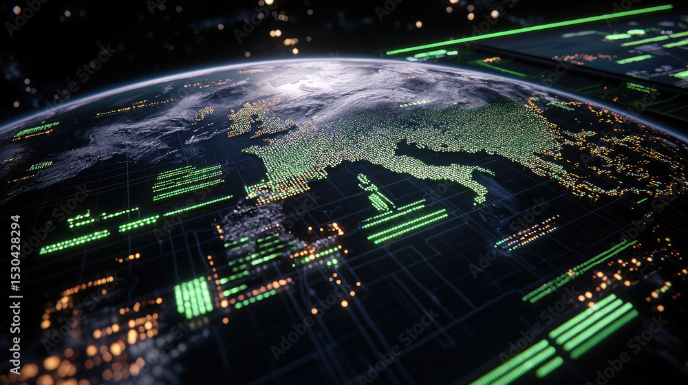 Poster Digital map of Europe with glowing data points, futuristic technology, and network connections on Earth surface