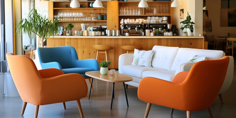 Orangefarbene und blaue Sessel und ein weißes Sofa vor einem Holzschrank. Skandinavisches Innendesign eines modernen Wohnzimmers.