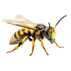 A detailed close-up of a yellow and black wasp showing translucent wings, segmented body, and antennae. Png, Transparent background.