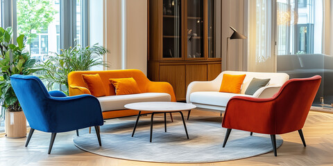 Orangefarbene und blaue Sessel und ein weißes Sofa vor einem Holzschrank. Skandinavisches Innendesign eines modernen Wohnzimmers.