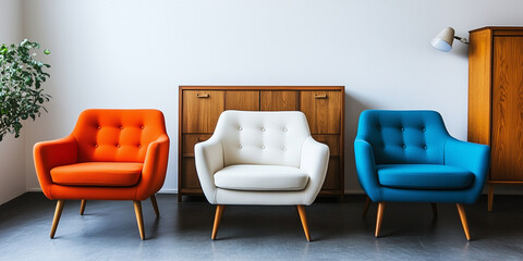Orangefarbene und blaue Sessel und ein weißes Sofa vor einem Holzschrank. Skandinavisches Innendesign eines modernen Wohnzimmers.