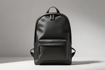A matte black backpack shown from the front view, placed on a seamless white background, soft diffused lighting highlighting the backpack’s shape and texture.
