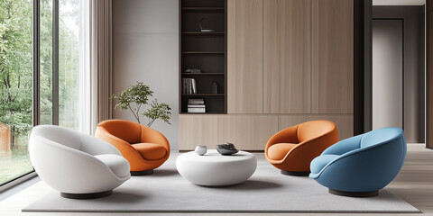 Orangefarbene und blaue Sessel und ein weißes Sofa vor einem Holzschrank. Skandinavisches Innendesign eines modernen Wohnzimmers.