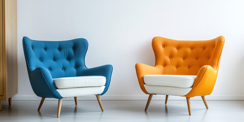 Orangefarbene und blaue Sessel und ein weißes Sofa vor einem Holzschrank. Skandinavisches Innendesign eines modernen Wohnzimmers.
