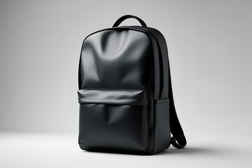 A matte black backpack shown from the front view, placed on a seamless white background, soft diffused lighting highlighting the backpack’s shape and texture.