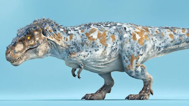 A patterned dinosaur stands on a solid blue surface The dinosaur has a detailed skin texture with grey white and brown coloration It looks ready to move