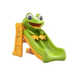 Naklejka premium A playful green frog with big eyes sits atop a bright yellow and green children's slide, smiling widely. Png, Transparent background.