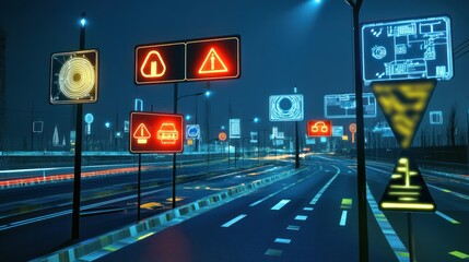 Futuristic highway at night, glowing signs