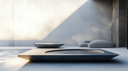 Modern concrete patio with water feature. Sunlight streams in