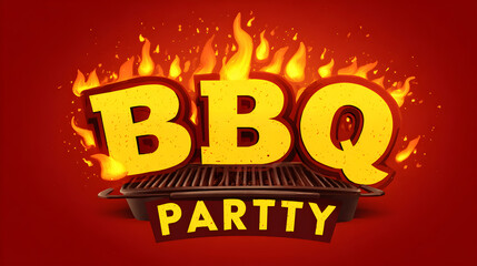 Vibrant bbq party illustration featuring flames grill and text on red background