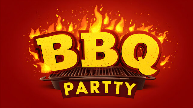 Vibrant bbq party illustration featuring flames grill and text on red background - Powered by Adobe