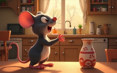 Exciting mouse celebration kitchen animated scene cozy environment playful viewpoint joyful concept. High quality
