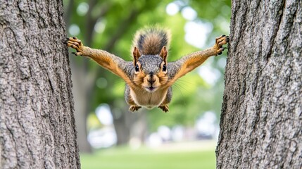 Obraz premium Squirrel mid-leap between trees
