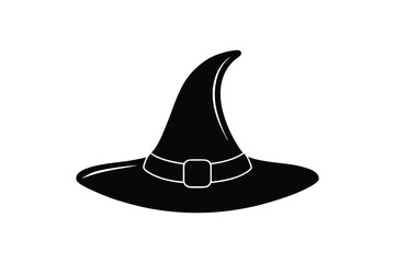Silhouette art illustration of a witch?s hat with a crooked tip and buckle strap.eps