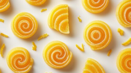 Spiral-shaped, yellow, jelly candies on white background