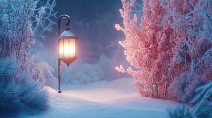 Snowy winter scene with glowing lantern. Pink frosted bushes