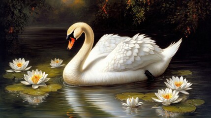 Serene swan on a tranquil pond, surrounded by water lilies