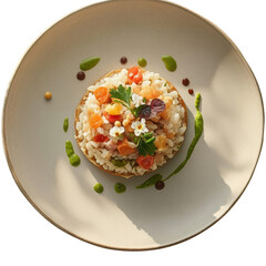 Vegetable risotto with garden herb and edible flower garnish