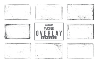 Fototapeta premium Set of vector grunge overlay textures isolated on white background. Poster, invitation, gift card, coupon, book cover. Vintage grunge paper texture. Old worn overlay distressed background.