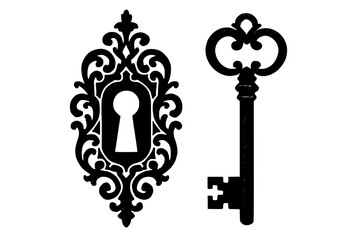 Ornate decorative key and vintage keyhole silhouette design  