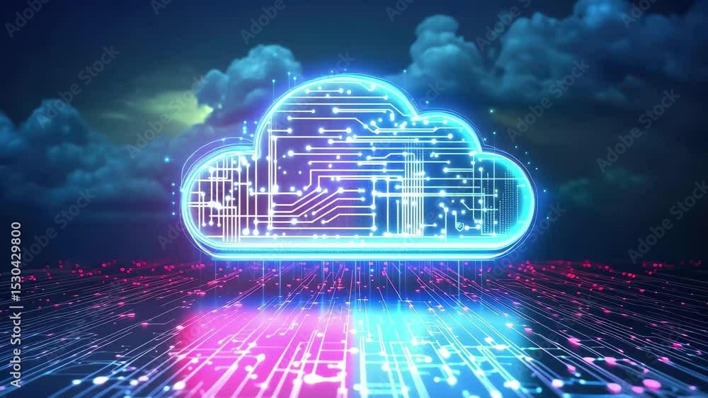 Poster modern cloud technology concept showcasing secure data management and storage solutions at night, th