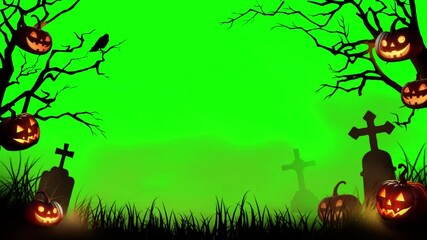 Spooky Halloween Animation with Jack-o'-Lanterns and Graveyard on Green Screen - Powered by Adobe