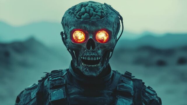 Scary alien soldier with glowing eyes and exposed brain stands in a desolate landscape at dusk, Scary alien soldier with glowing eyes and brain in desert
