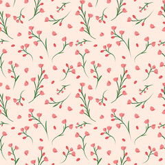 Delicate seamless floral pattern with pink buds, blossoms, and green stems scattered on a light peach background.