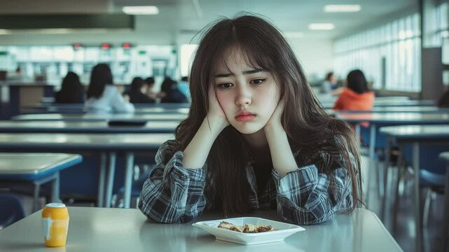 Girl sits alone at school cafeteria lunch feeling sad and isolated in a busy environment, Sad girl eating lunch alone in school cafeteria
