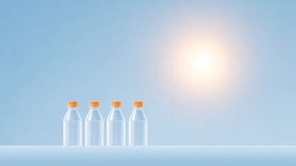 Four transparent bottles with orange caps stand in a row against a light blue background.  A bright, sun-like light source is visible in the upper right corner.
