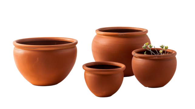 Empty terracotta clay pot isolated and flower pot with plant and flower on transparent top. PNG