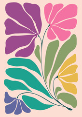 Bright abstract floral art design with large petals and leaves on a pastel background