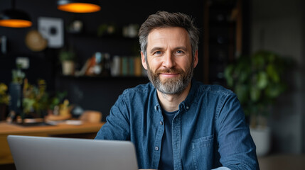 Fototapeta premium A confident man looks directly at the camera with a friendly smile, embodying approachability. He is surrounded by a well-lit workspace filled with a warm ambiance.