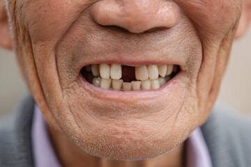 A close-up shot of an elderly man's mouth, showcasing a missing tooth. Revealing the passage of time, wrinkles, and the natural process of aging.