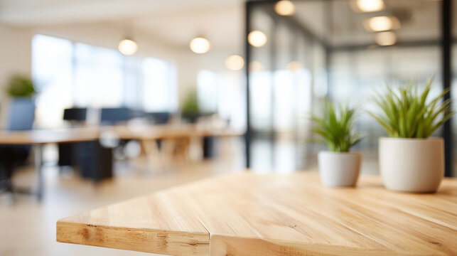 Modern office workspace with wooden table in foreground and blurred background of desks and plants.