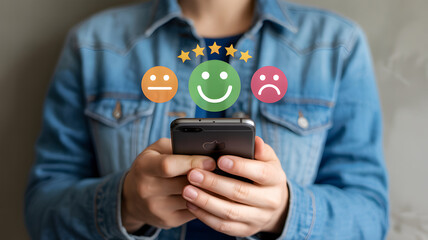 Person using smartphone displaying customer feedback ratings and reviews satisfaction survey emojis