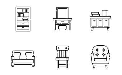 Set of Home Stuff icon, Bookcase, Dresser, Cupboard, Sofa, Chair and Armchair Symbol Outline icon, Editable Stroke
