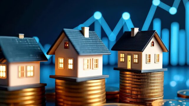 Three miniature houses sit atop stacks of golden coins against a backdrop of a rising graph depicting escalating property values.